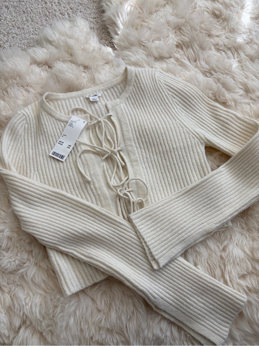 NWT Kimchi Blue Cream Ribbed Lace-Up Crop Sweater